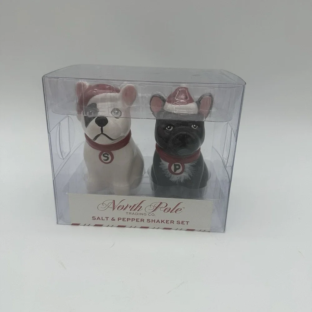 North Pole Trading Co Salt & Pepper Shaker Set‎ Of Dogs Black White Bulldog